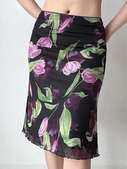 Floral Print Mesh Midi Skirt