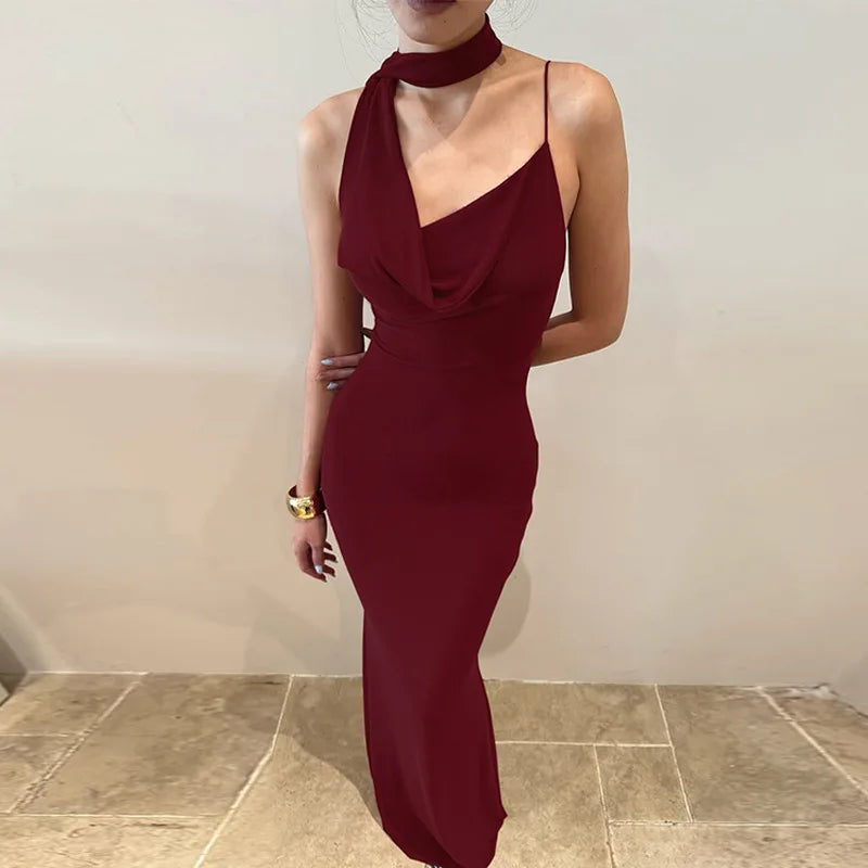 Cowl neck spaghetti strap maxi dress in wine red