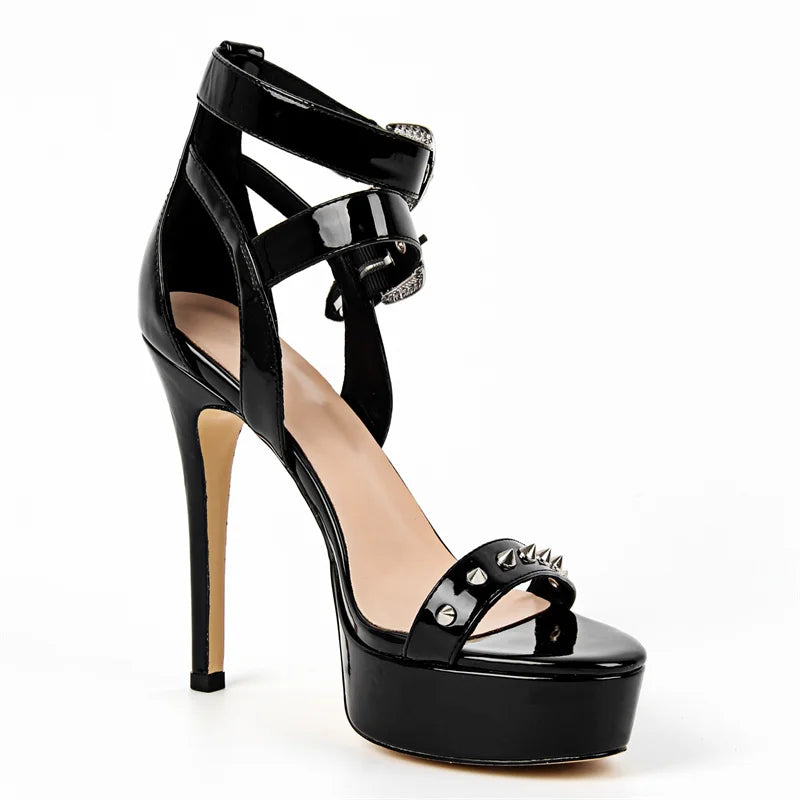 Black high-heeled sandal on a white background
