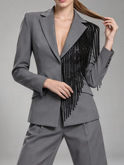 Grey sequin embellished lapel blazer with hair detail