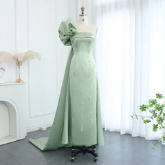 Sage Green One-Shoulder Evening Dress with Cape Crystal Tassel