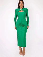 Long Sleeved Pleated Hollowed Out Maxi Dress