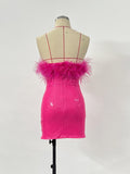 Women Strapless Feathers Sequins Pink Bodycon Mini Dress
