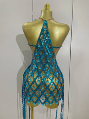 High Choker Neck Diamond Mesh Mini Dress