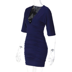 Navy Blue Deep V-Neck Sleeve Mini Dress