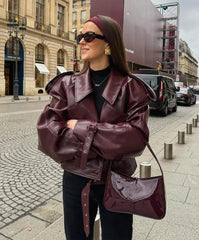 Wine Red Braid Lapel Cropped Leather Jacket