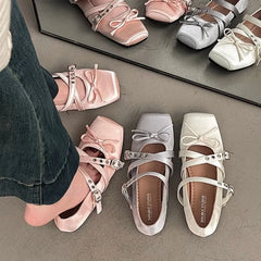 Square Toe Ballet Flats with Buckle Straps