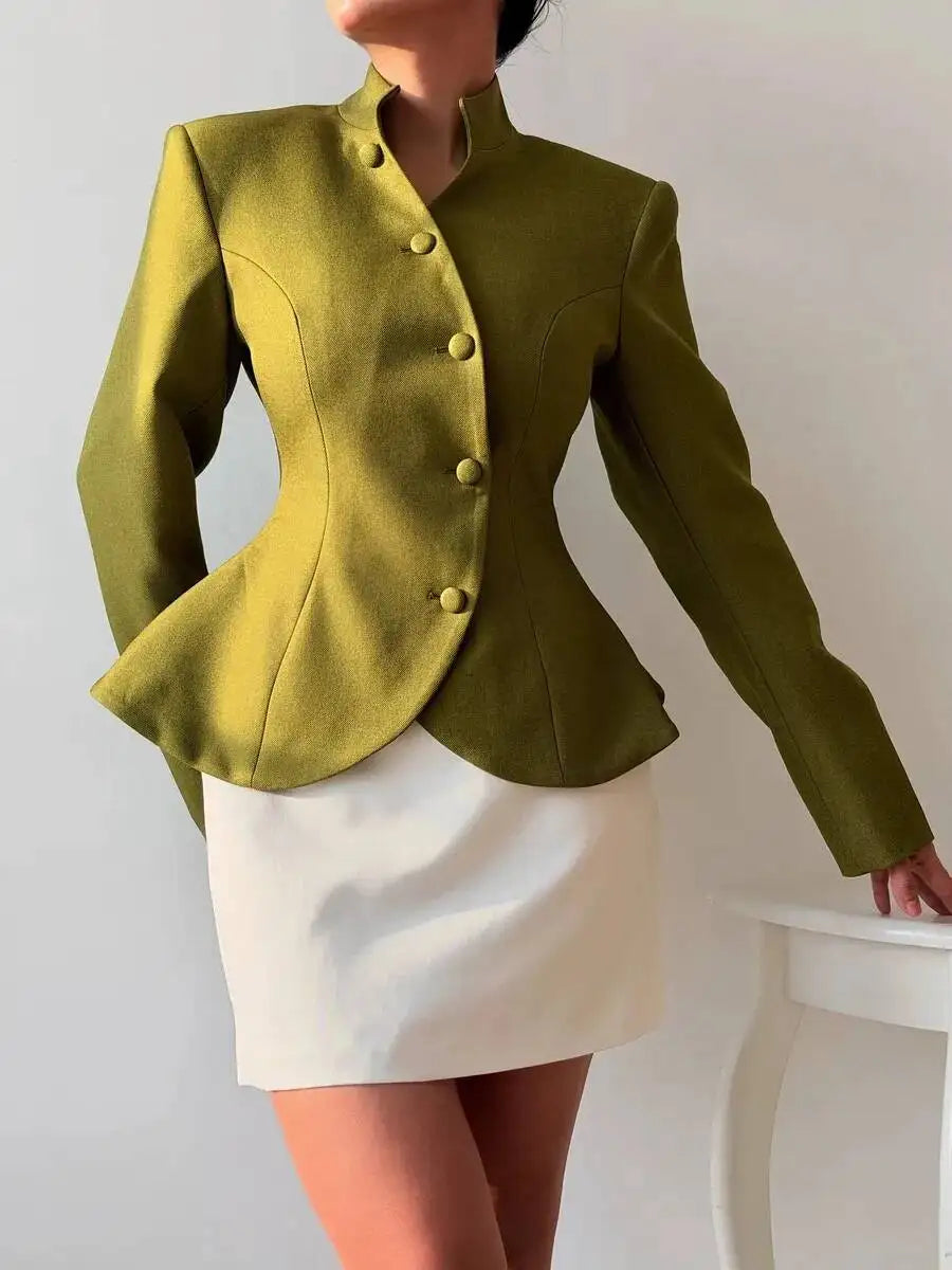 Stand collar peplum hem blazer
