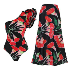 Tie-Strap V-Neck One-Piece Swimsuit with Matching Sarong Set