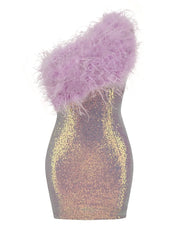 One Shoulder Feather Embellished Sequin Mini Dress