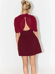 Burgundy Backless O Neck Short Sleeve Mini Dress