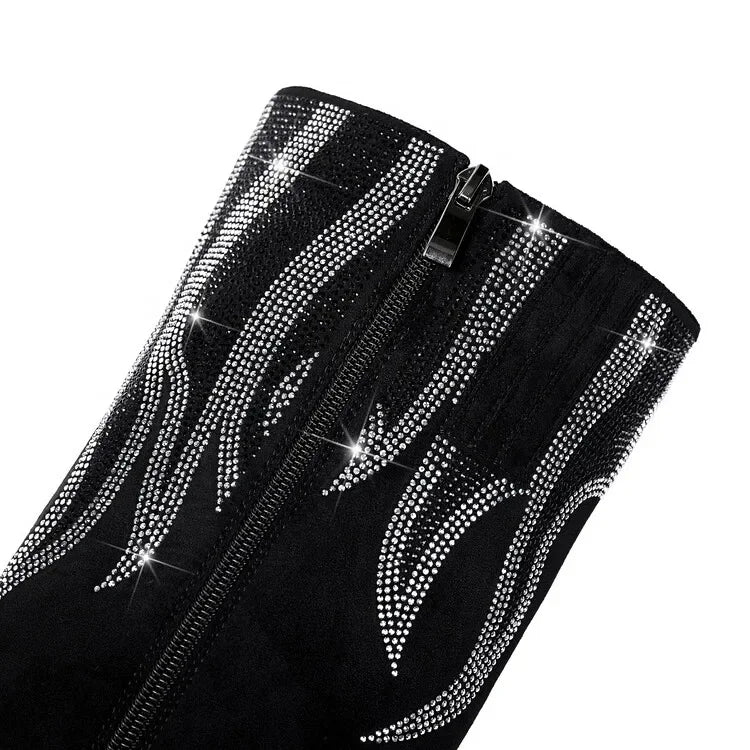Black high-heeled boots with rhinestone embellishments on a white background