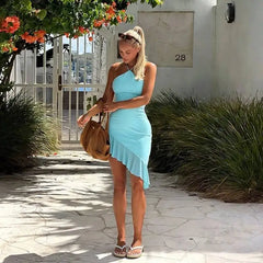 Light Blue Ruffled Asymmetrical Hem Mini Dress