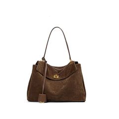 Brown handbag with a gold clasp on a white background