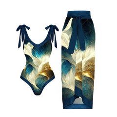 Tie-Strap V-Neck One-Piece Swimsuit with Matching Sarong Set