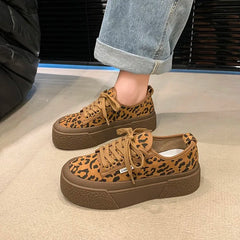 Leopard Print Flat Round Head Front Strap Thick Sole Low Top Shoes