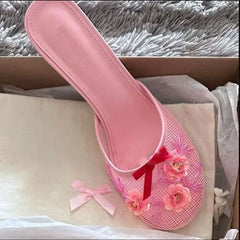 Mesh Floral Thin heel Slip on Sandals
