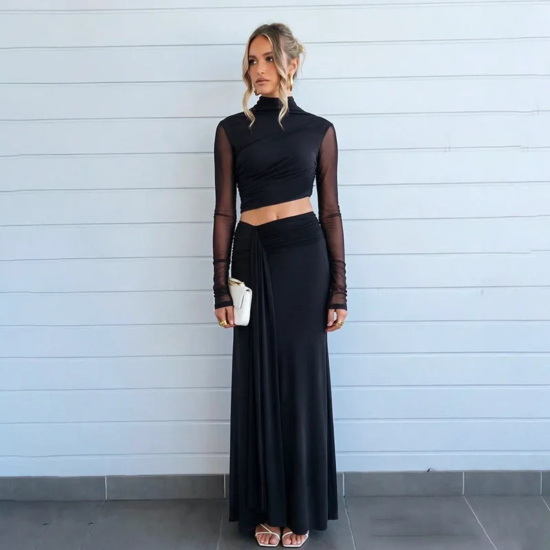 Mock neck draped gown with mesh sleeves