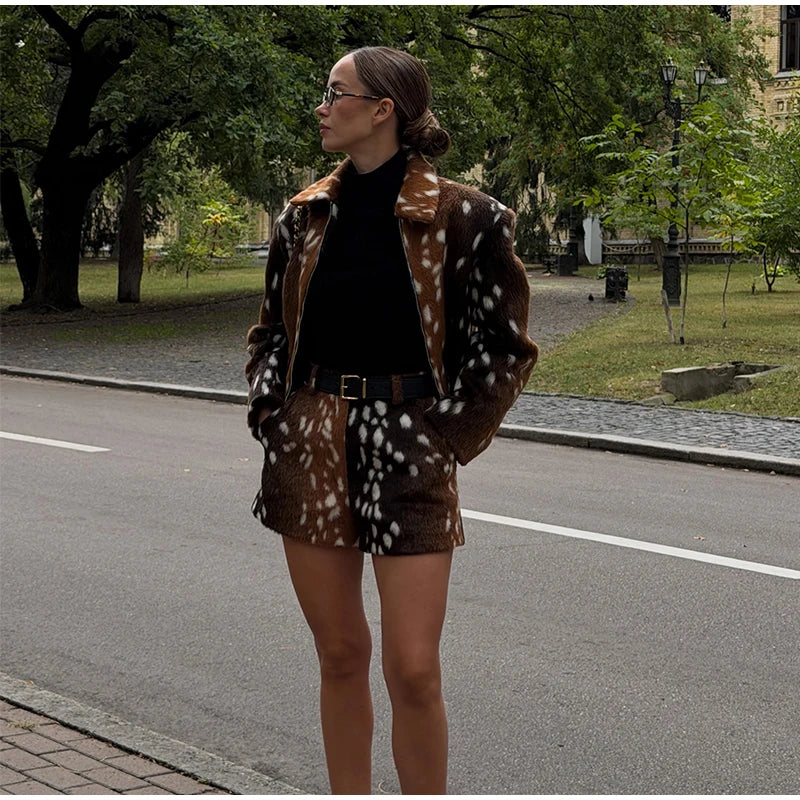 Deer print jacket and shorts two piece set