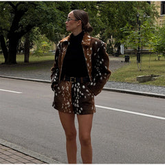 Deer print jacket and shorts two piece set