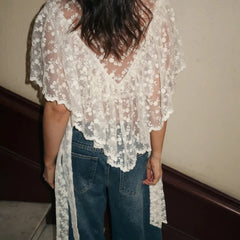 Floral Lace Mock Neck Asymmetrical Hem Top