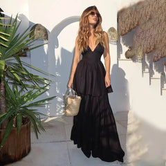 Brown V-neck Layered Maxi Dress