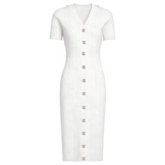 White knit midi dress with silver buttons