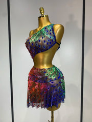 Sheer crystal one-shoulder mini dress side view