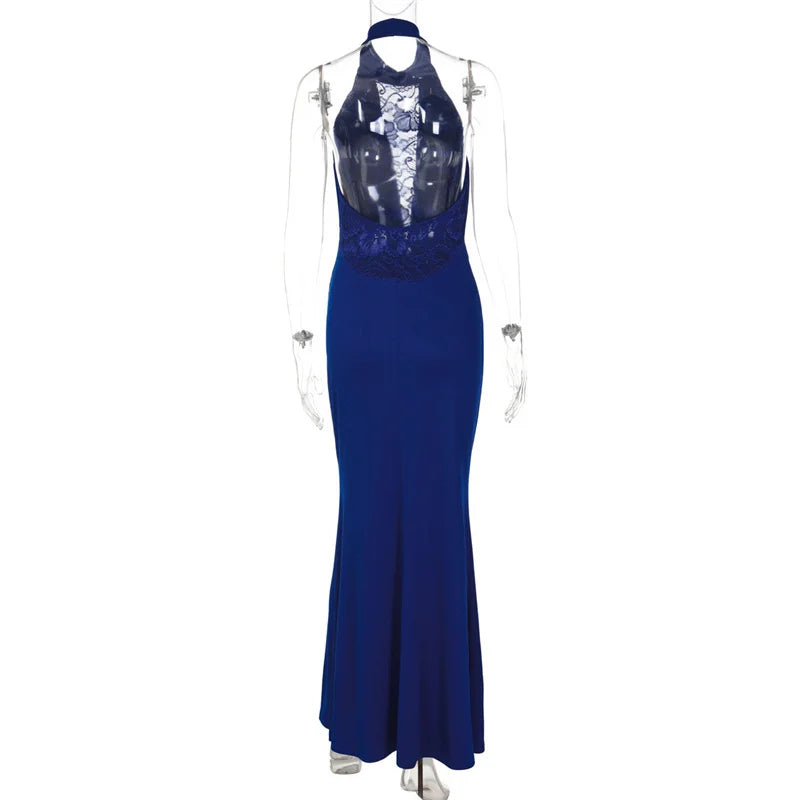 Blue evening gown on a mannequin against a white background