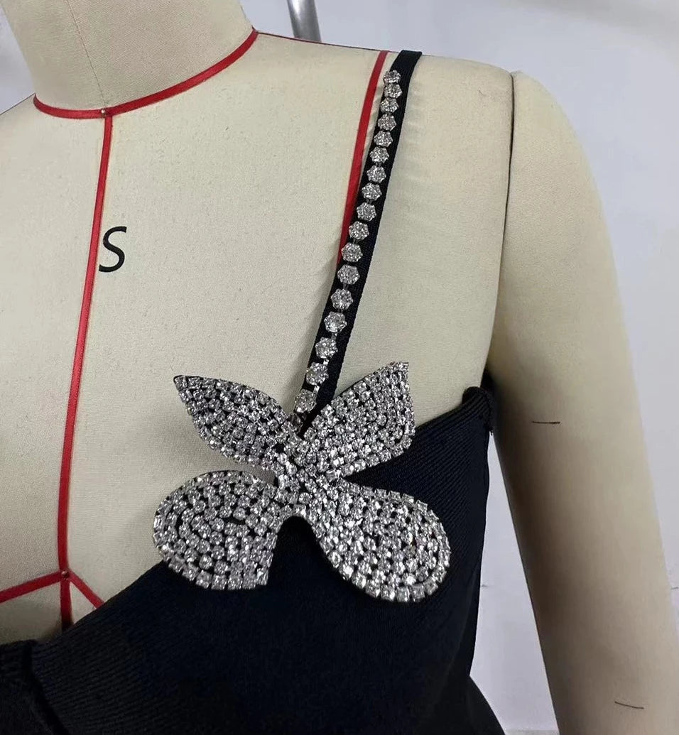 Women's Black Spaghetti Strap Diamond Details Mini Dress