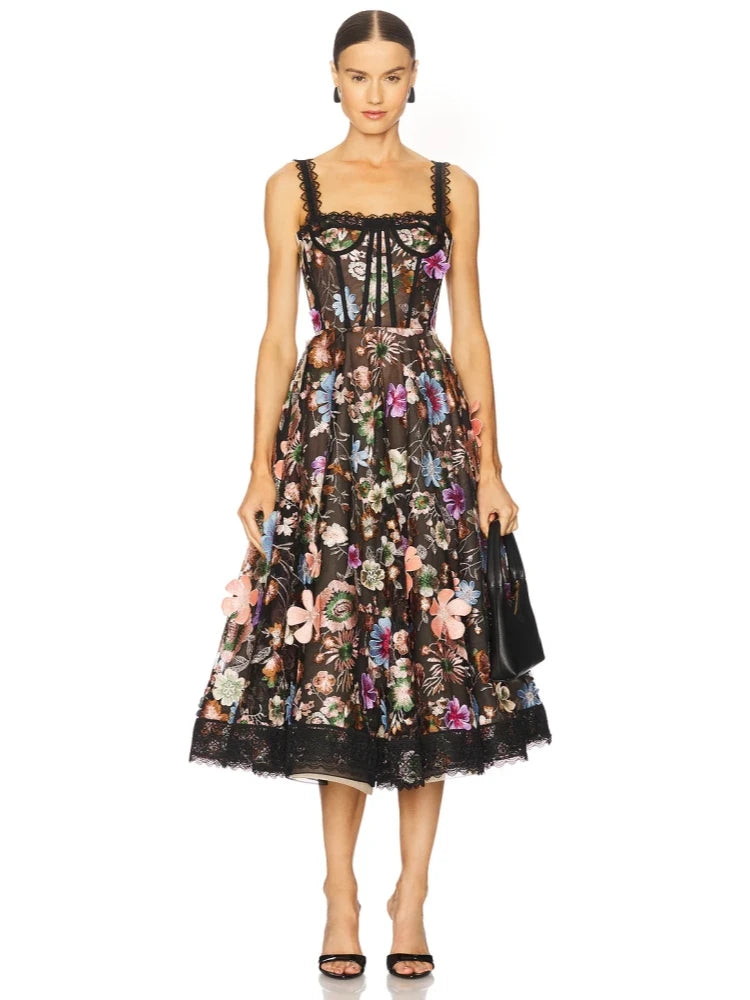 Floral lace midi dress with spaghetti straps