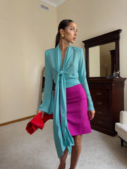 Long V-Neck Bell Sleeve Wrap Top