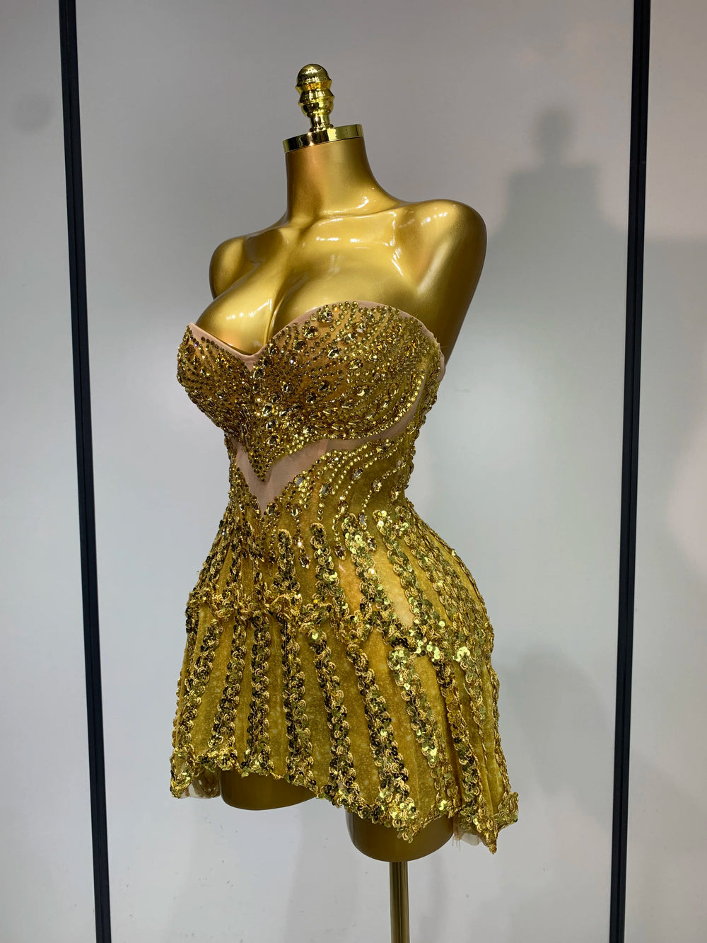 Strapless sequined diamond embellished mini dress side view