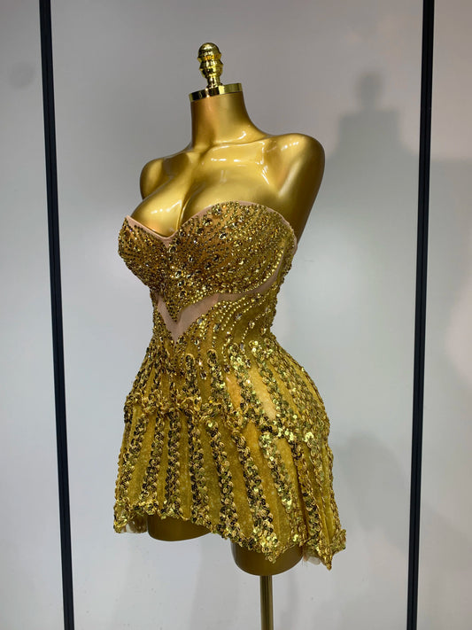 Strapless sequined diamond embellished mini dress side view