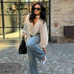 White Ribbon Draped Flowy Shirt