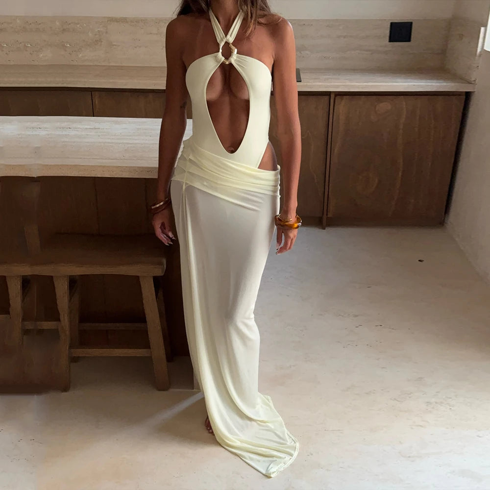 Solid cutout swimsuit with sheer flowing skirt