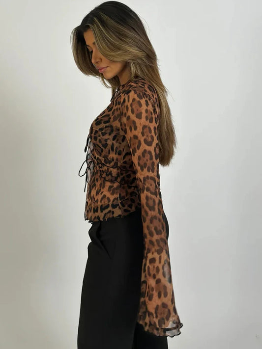 Leopard Printed Sheer Chiffon Flare Sleeve Deep V-neck Top