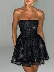 Strapless Black Off-shoulder Pleated Sequins Sparkle Mini Dress