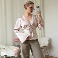 Satin Lace Trim Tie-Front Blouse with Bell Sleeves