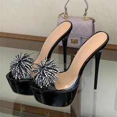 Black platform stiletto mules with clear PVC and silver rhinestone embellishments