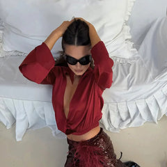 Satin Front Hollow Out Draped Long Sleeve Shirt