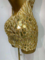 Gold Sequin Print Halter Openback Mini Dress