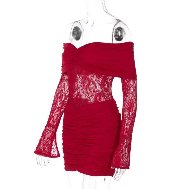 Red off-shoulder dress with lace details on a white background