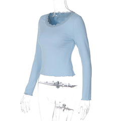 Ribbed Lace Trim Long Sleeve Top