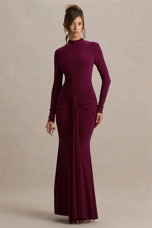 Burgundy Turtleneck Ruched Maxi Dress
