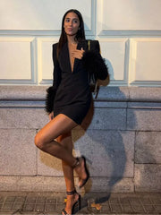 Shoulder Pad Solid Fur Sleeves Mini Dress