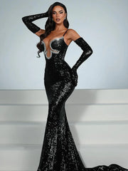 Rhinestones Sequins Mermaid Maxi Black Gown With Gloves