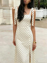 Square Neck Sleeveless Polka Dot A-Line Midi Dress with Tie Shoulder Straps
