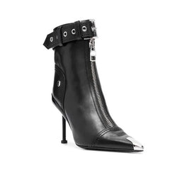 Belt Buckle Front Zipper Pointed Metal High Heels Ankle Boots