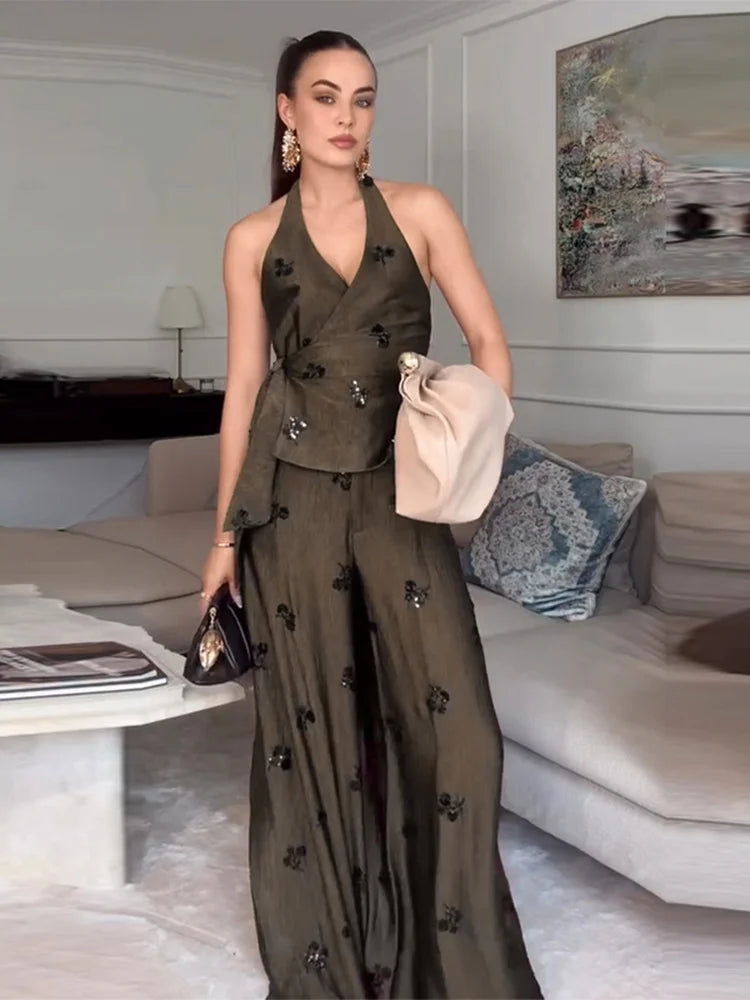 Floral print halter neck wrap top and wide-leg pants set with accessories